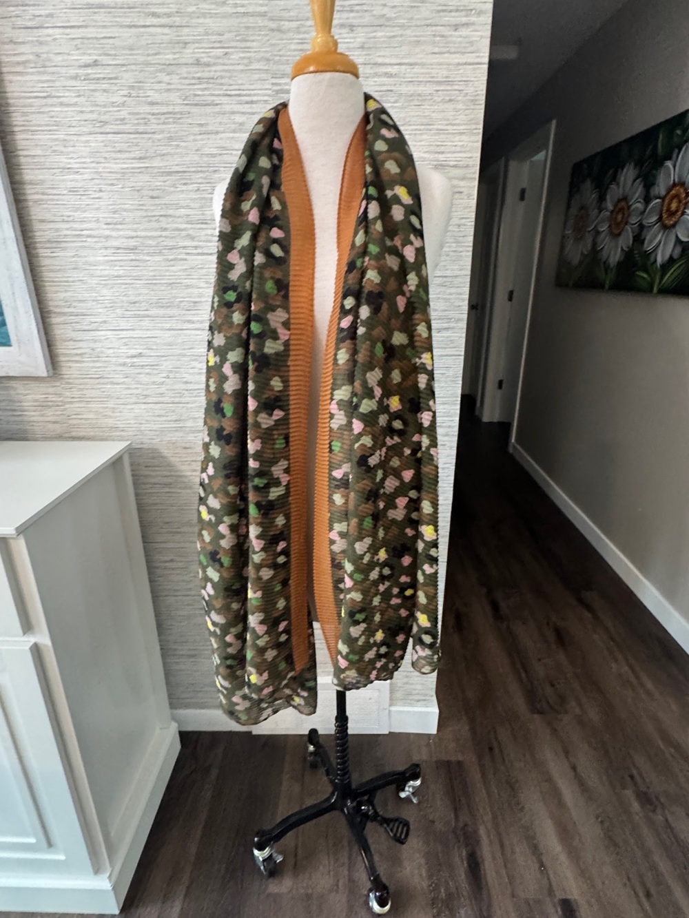 Women's Olive Multi-Color Patterned Scarf with Tan Trim